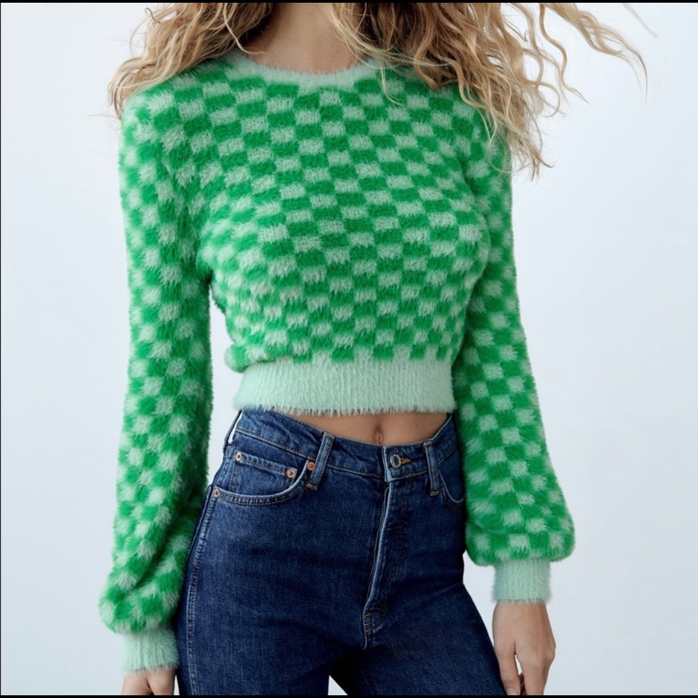 NWT Zara Green Checkered Cropped Sweater
